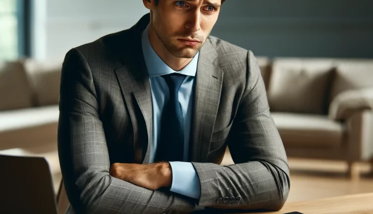 DALL·E 2025-02-21 08.25.46 – A formal-dressed man sits at a tidy office desk with documents and a laptop. His facial expression is deeply sad, with visible distress and emotional