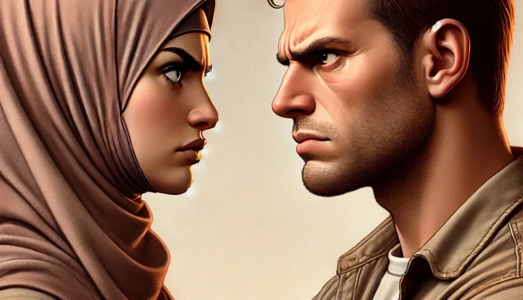 DALL·E 2025-02-21 20.11.13 – A realistic illustration of a hijab-wearing woman and a man staring at each other with angry expressions. Both have furrowed brows and tense facial ex